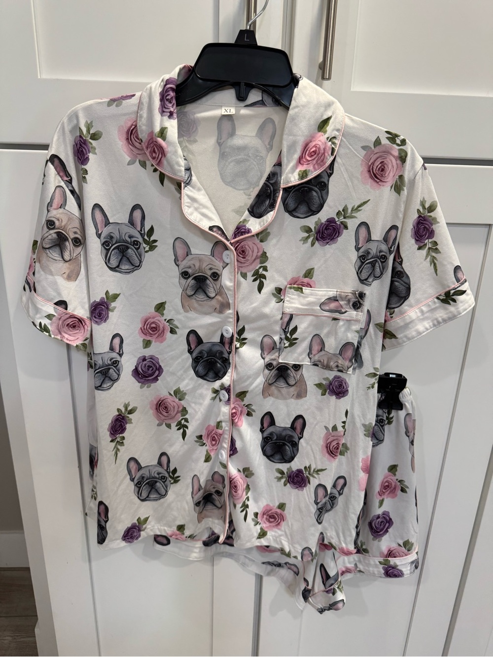 French Bulldog Floral Pajama Set - White with Pink & Purple Roses